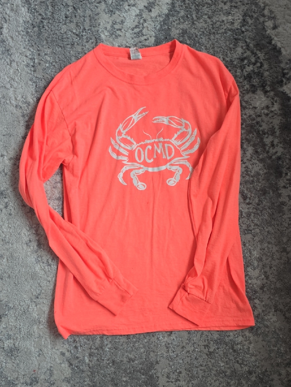 Fruit of the Loom Neon Coral Long Sleeve Tee with White Crab Graphic